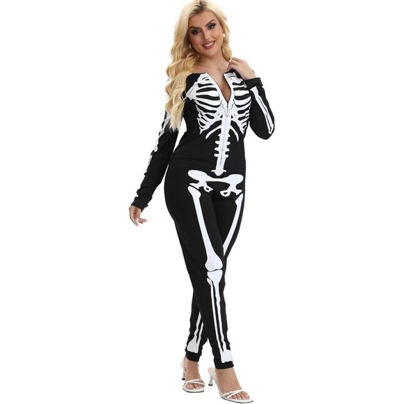 Women's White Skeleton Form Fitting & Flattering Double Sided Skeleton Costume - Picture 2 of 7